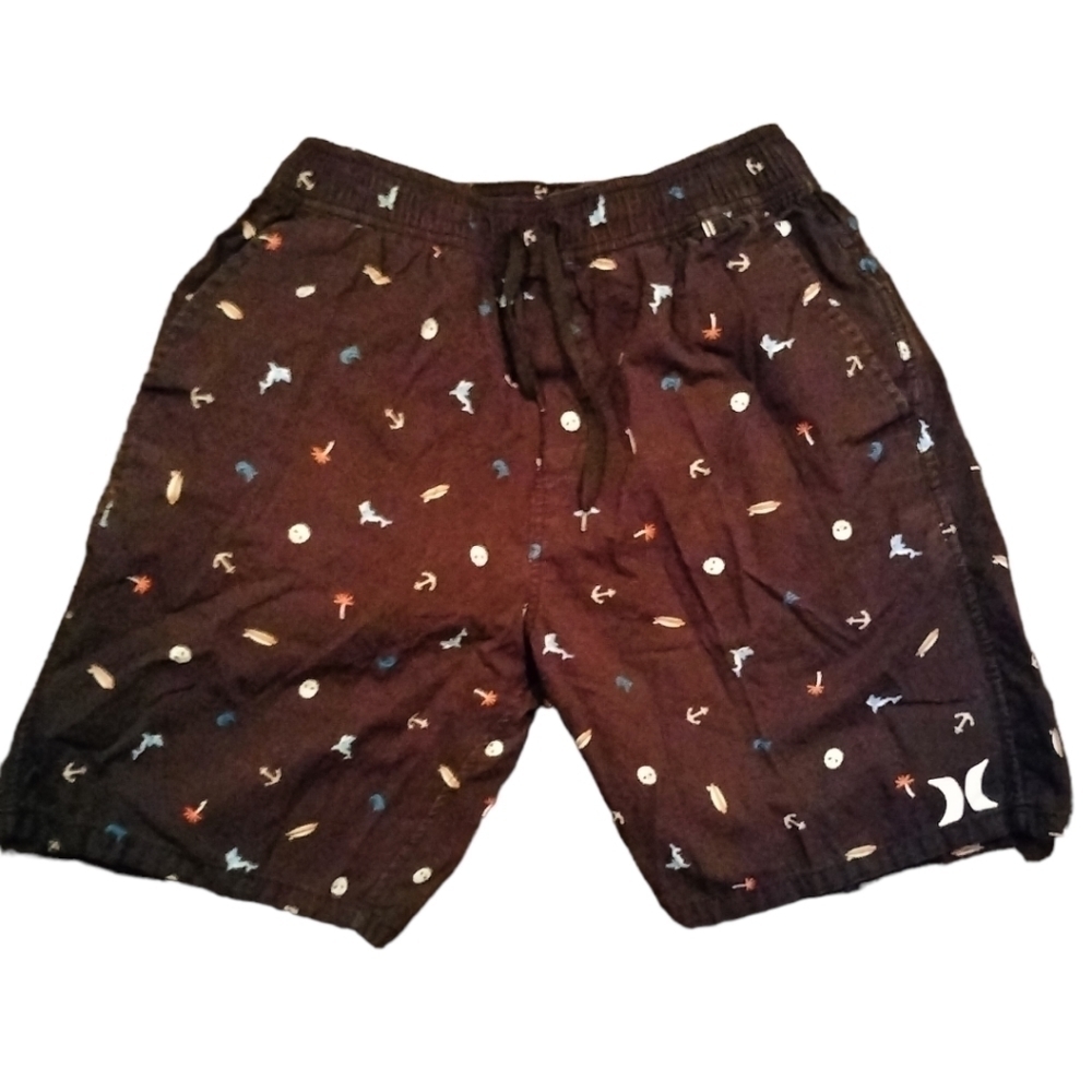 hurley boys blue shorts with nautical graphics size large 7" inseam pull-on